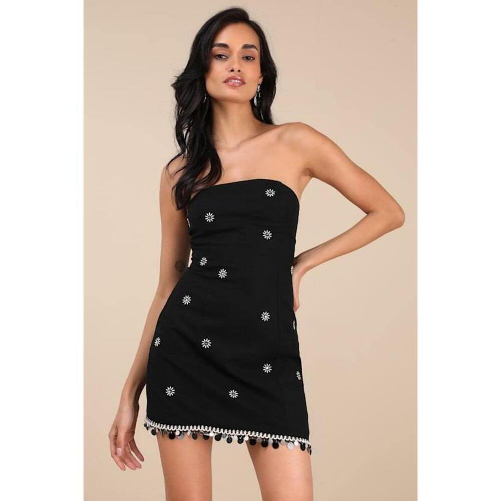 Lulus Carlijn Black Embroidered Paillette Sequin Strapless Mini Dress - Size L